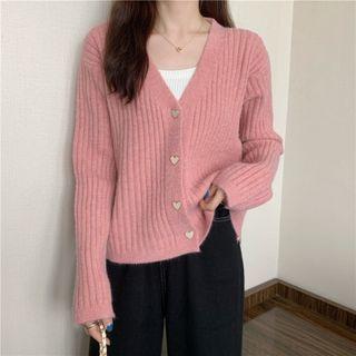 Long-sleeve V-neck Heart Button Loose Fit Cardigan