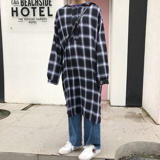 Hooded Plaid Long-sleeve Midi Dress