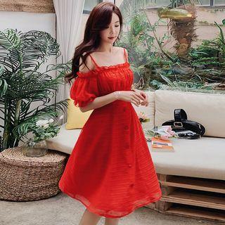 Elbow-sleeve Cold Shoulder Frill Trim A-line Dress