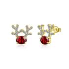 Fashion Romantic Plated Gold Deer Stud Earrings With Red Cubic Zircon Golden - One Size