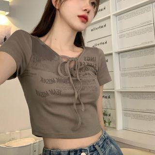 Short-sleeve Lettering T-shirt Ash Gray - One Size