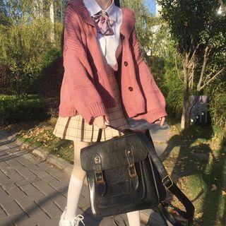 Plain Cardigan / Plaid Pleated Mini Skirt / Tie-neck Shirt