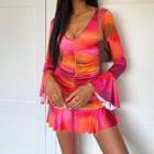 Tie-dye Drawstring Trumpet Sleeve Dress
