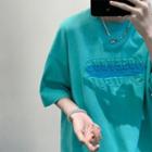 Round Neck Lettering Print Elbow Sleeve Over-sized T-shirt