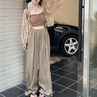 Shirred Tube Top / Light Jacket / Wide Leg Pants