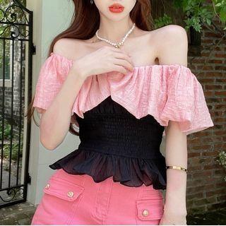 Off-shoulder Two-tone Cropped Blouse Pink - One Size