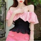 Off-shoulder Two-tone Cropped Blouse Pink - One Size