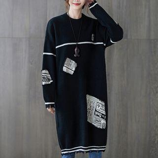 Long-sleeve Patched Frayed Knit Midi Dress