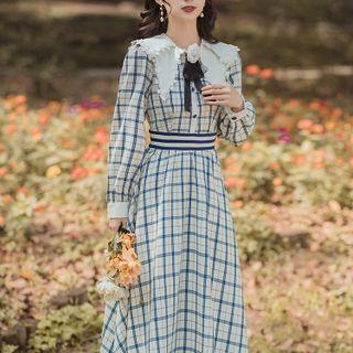 Lace Trim Collar Plaid Midi A-line Dress