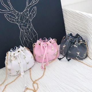 Floral Embroidered Chain Bucket Bag