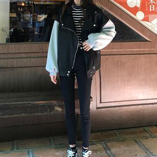 Mock Two-piece Biker Jacket Black - One Size