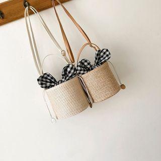 Gingham Paneled Woven Bucket Bag