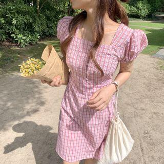 Puff-sleeve Square-neck Plaid Mini Sheath Dress Pink - One Size