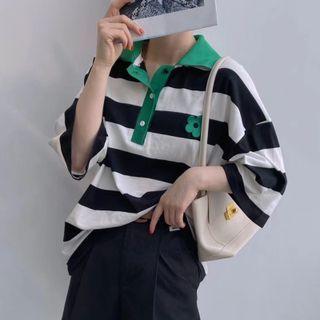 Striped Color Panel Polo Top As Shown In Figure - One Size