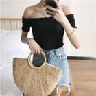 Off-shoulder Short-sleeve Plain Top