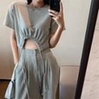 Drawstring Crop T-shirt + High-waist Wide Dress Pants