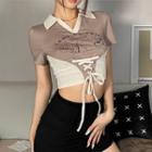 Short-sleeve Collar Print Cropped T-shirt