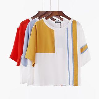 Elbow-sleeve Color Block Chiffon Top