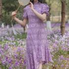 Asymmetric Balloon-sleeve Patterned Midi A-line Dress