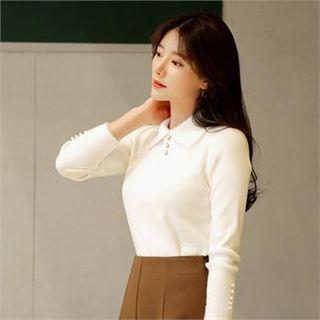 Furry-collar Faux-pearl Detail Knit Top Ivory - One Size