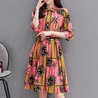 Printed 3/4-sleeve Shirt Dress With Belt