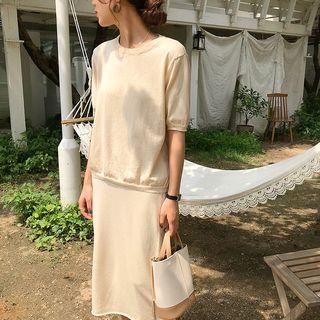 Short-sleeve Rib-knit Top / High-waist A-line Skirt