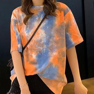 Elbow-sleeve Tie-dye T-shirt Blue & Tangerine - One Size