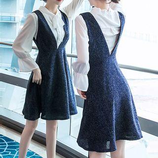 Set: Tie-neck Shirt + Pinafore Mini Dress