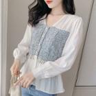 Long-sleeve V-neck Panel Blouse