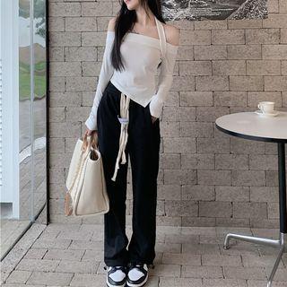 Long-sleeve Cold-shoulder Asymmetrical T-shirt / Drawstring Loose Fit Pants
