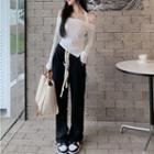 Long-sleeve Cold-shoulder Asymmetrical T-shirt / Drawstring Loose Fit Pants