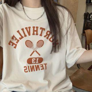 Elbow-sleeve Print T-shirt Almond & Orange - One Size