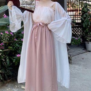 Wide Strap Ruffled Mesh Top / Wide Leg Pants / Open-front Jacket / Set