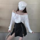 Rhinestone Cold-shoulder Blouse / Zip Detail Mini A-line Skirt