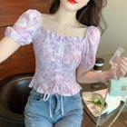 Puff-sleeve Printed Drawstring Blouse