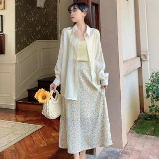 Plain Shirt / Tank Top / Floral Print Maxi A-line Skirt