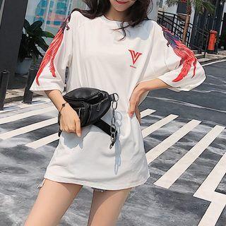 Wing Print Elbow-sleeve T-shirt