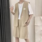 Applique Vest + High-waist Plain Shorts