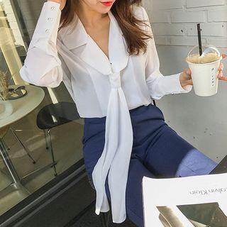 Notched-collar Inset Scarf Chiffon Shirt