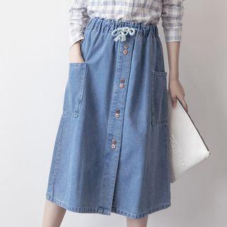 Pocketed Drawstring Buttoned Midi Denim Skirt