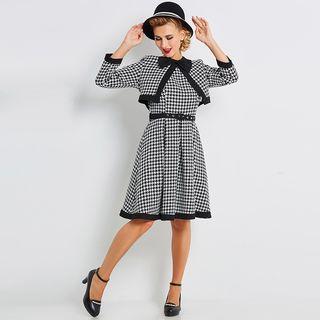 Set: Open Front Cardigan + Sleeveless Plaid A-line Dress