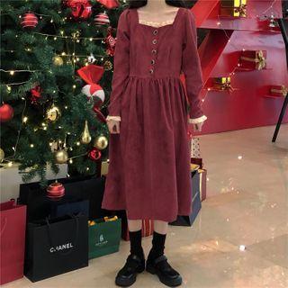 Long-sleeve Square-neck Lace Trim Corduroy Dress