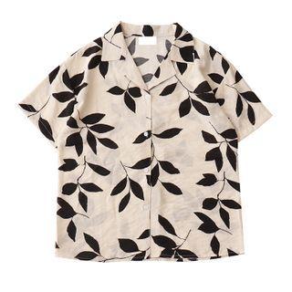 Short-sleeve Leaf Print Shirt Black Leaves - Almond - One Size