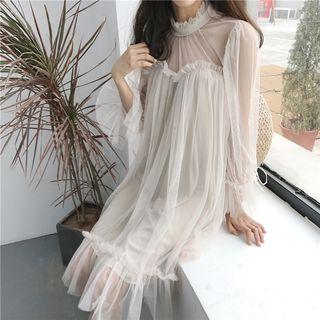 Ruffle Trim Long-sleeve A-line Chiffon Dress