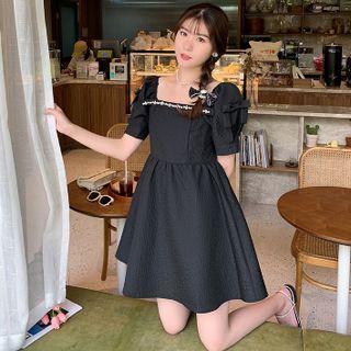 Puff-sleeve Bow Square-neck Dress