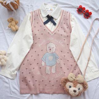 V-neck Bear Print Knit Vest Pink - One Size