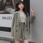 Set: Double Breasted Plain Blazer + Pleated Mini A-line Skirt