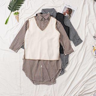 Long Sleeve Gingham Shirt / Contrast Trim V-neck Vest