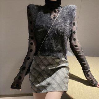 Long-sleeve Polka Dot Top / Furry Vest / High-waist Plaid Skirt