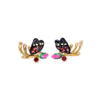 Fashion And Elegant Plated Gold Enamel Butterfly Flower Stud Earrings With Red Cubic Zirconia Golden - One Size
